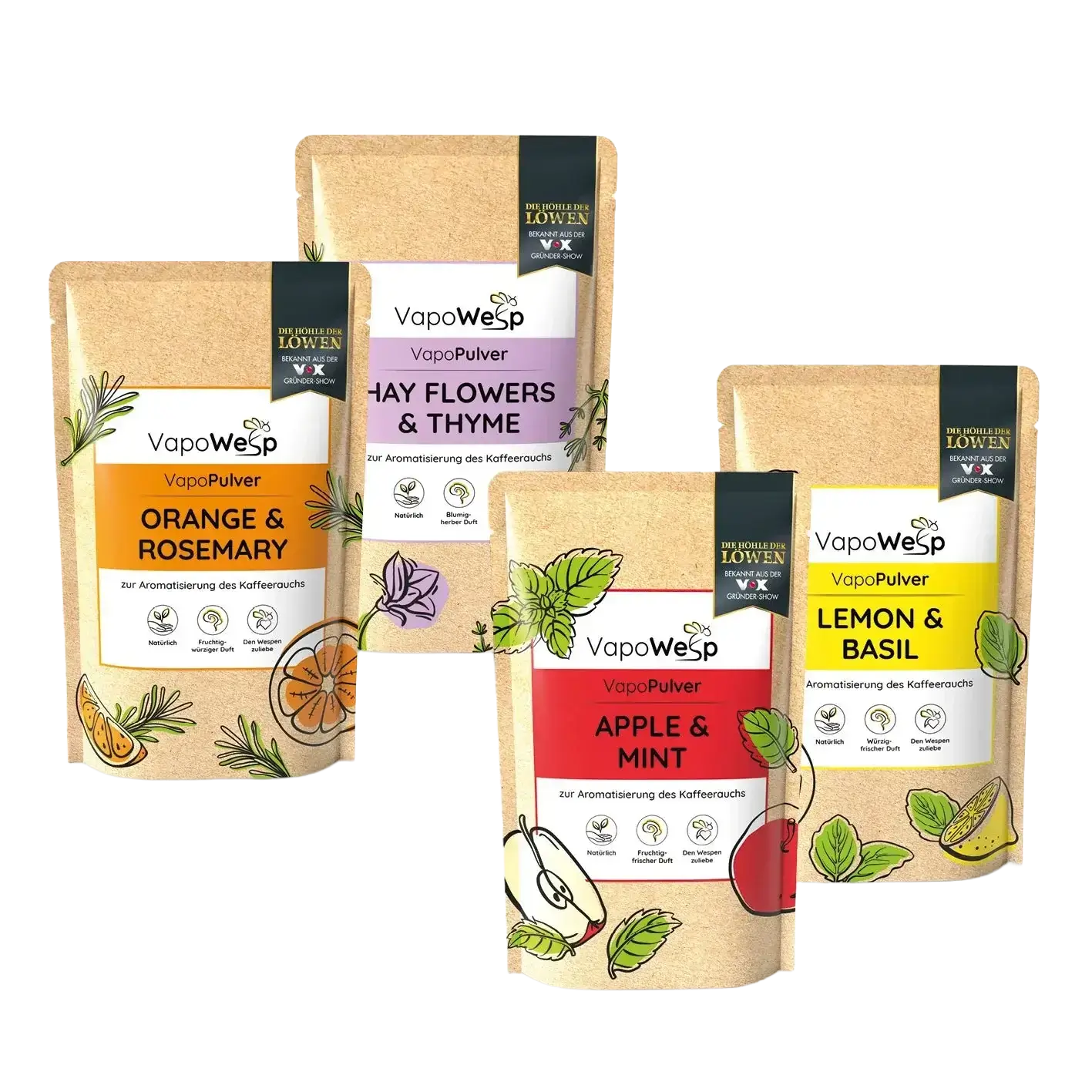 VapoPulver-Set: Orange & Rosemary, Lemon & Basil, Hay Flowers & Thyme, Apple & Mint