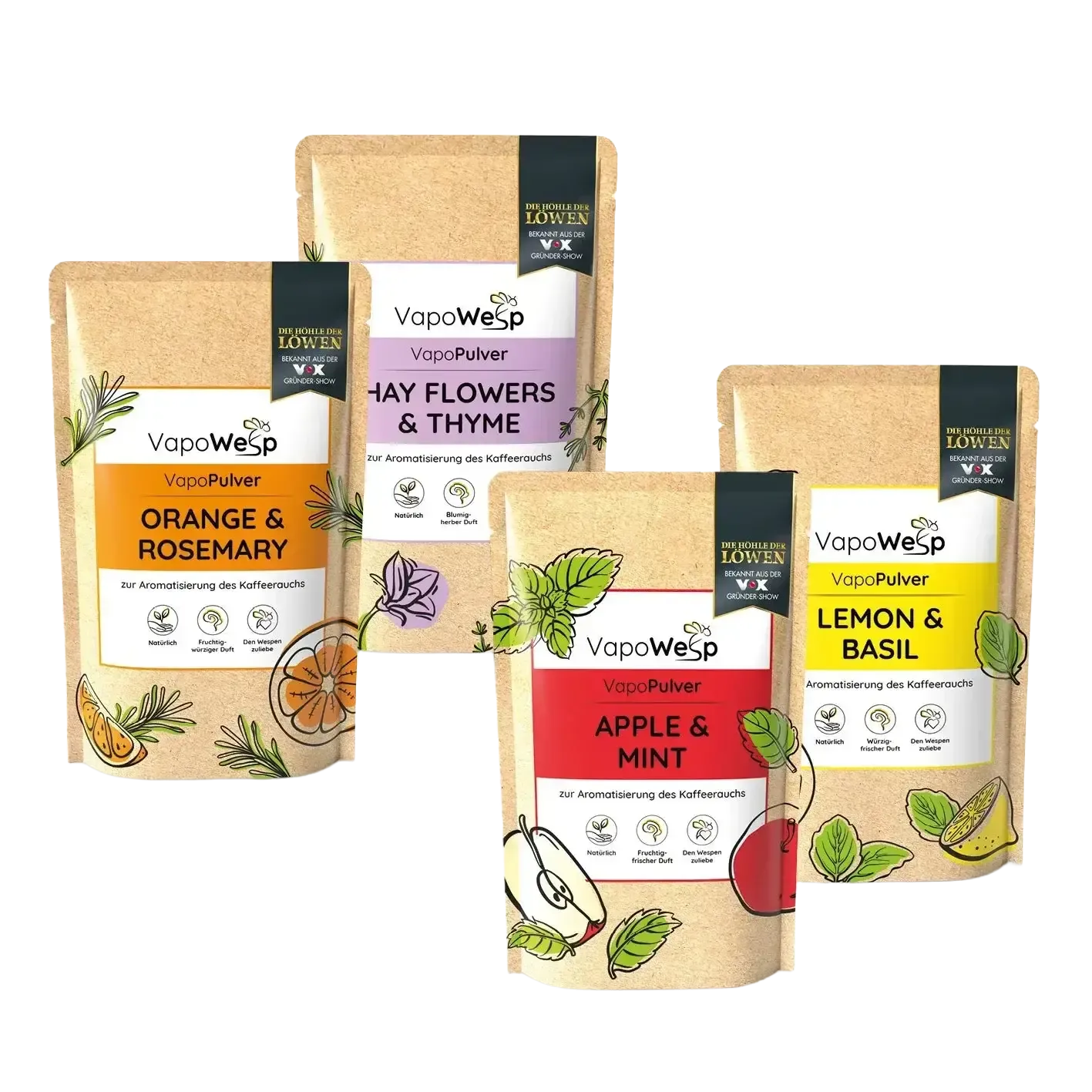 VapoPulver-Set: Orange & Rosemary, Lemon & Basil, Hay Flowers & Thyme, Apple & Mint